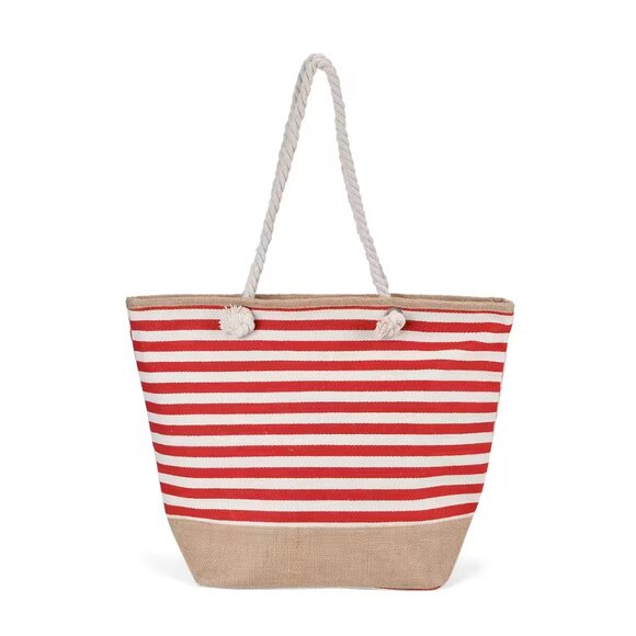 Red and White Stripes Polyester and Jute Tote Bag - Picture 1 of 5